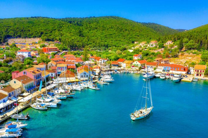 Aerial view of yachts moored in a harbour