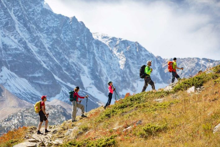 Family walking in the Alps in the summer
